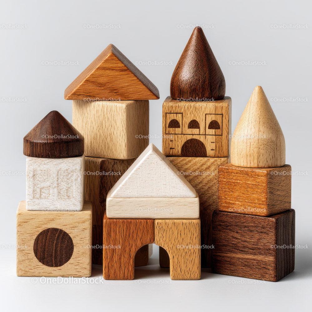 Assorted natural wooden building blocks in cones, cubes, and arches stacked together on neutral background