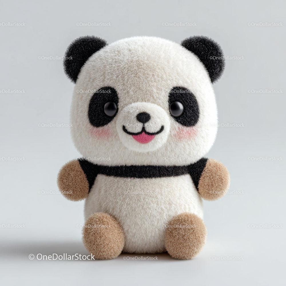 Fluffy panda plush toy with black ears and tan paws sitting