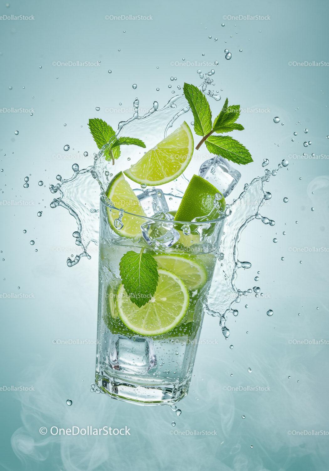 Refreshing Lime and Mint Splash in Glass with Ice Cubes