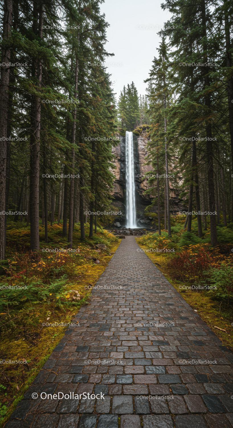 Cobblestone Path Leading to a Tall Forest Waterfall