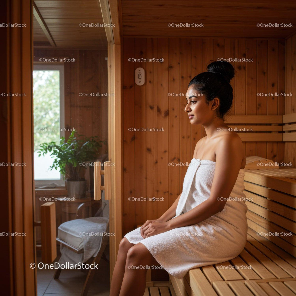 Relaxing Woman Sitting Inside a Warm Wooden Sauna