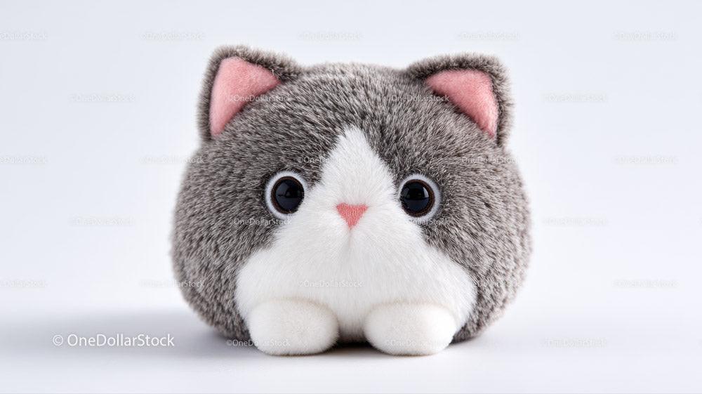 Plush gray and white cat toy with pink ears and black eyes on white background