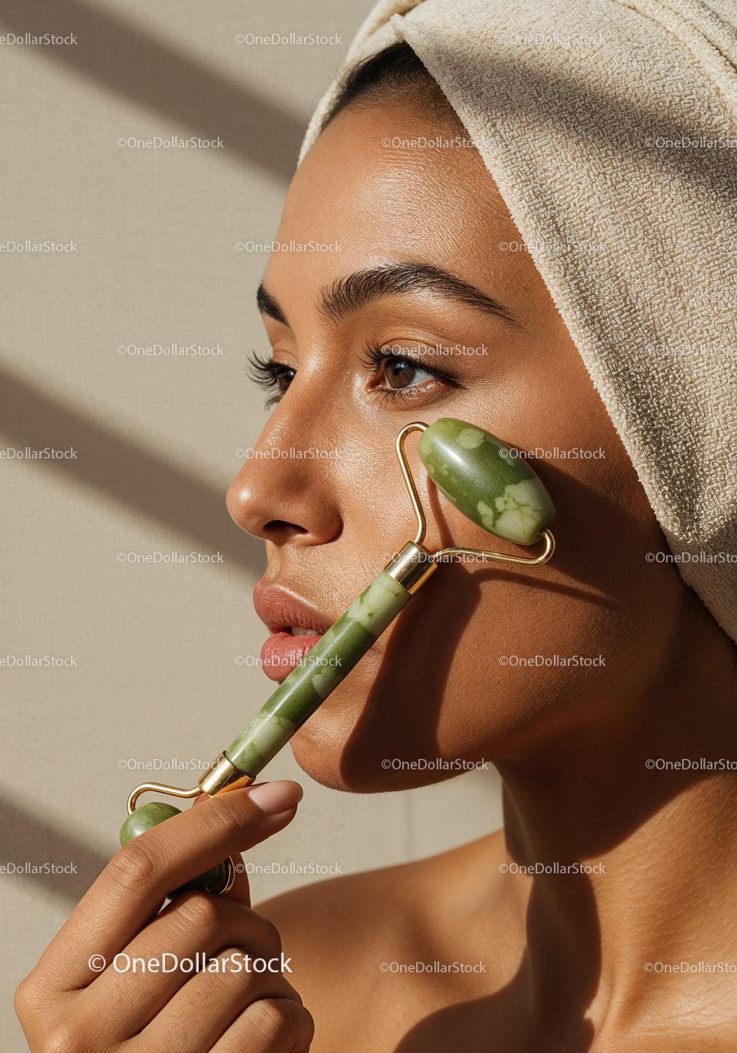 Elegant Woman Using Jade Roller for Relaxing Facial Skincare Treatment