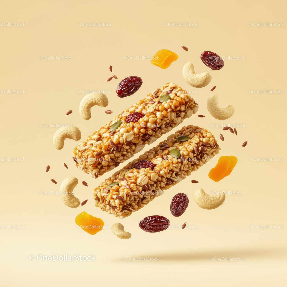 Healthy granola bars with nuts and dried fruits floating