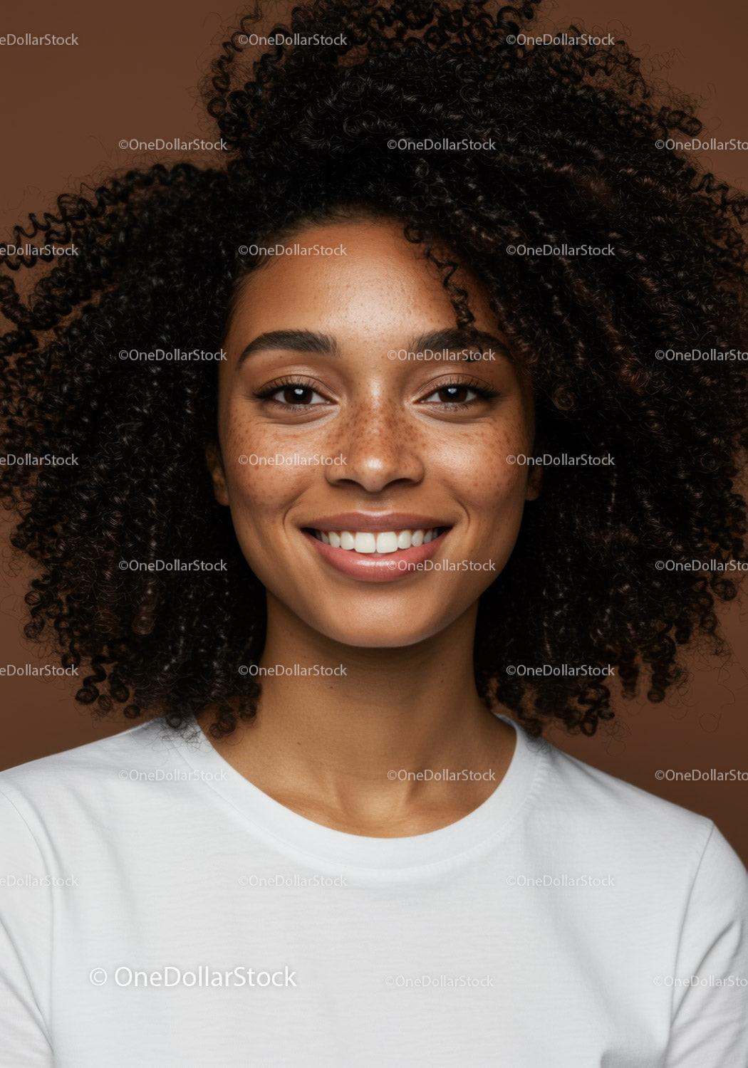Portrait of Smiling Woman with Curly Hair in Casual Attire