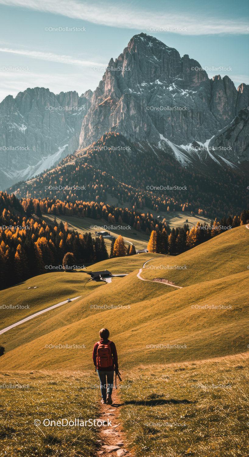Scenic Mountain Landscape with Green Hills and Hiker in Alpi Dolomiti