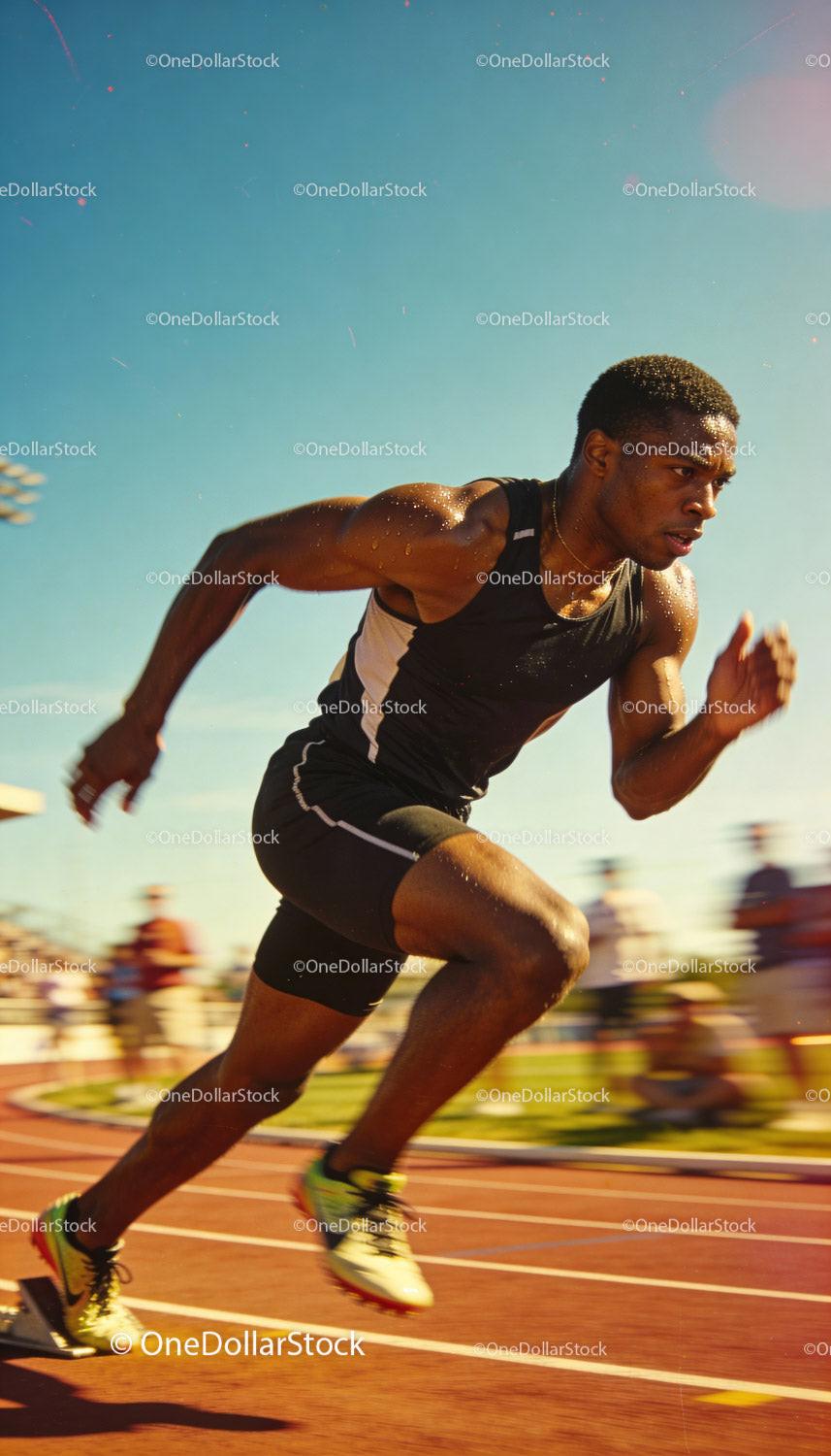 Focused sprinter launching off the starting blocks