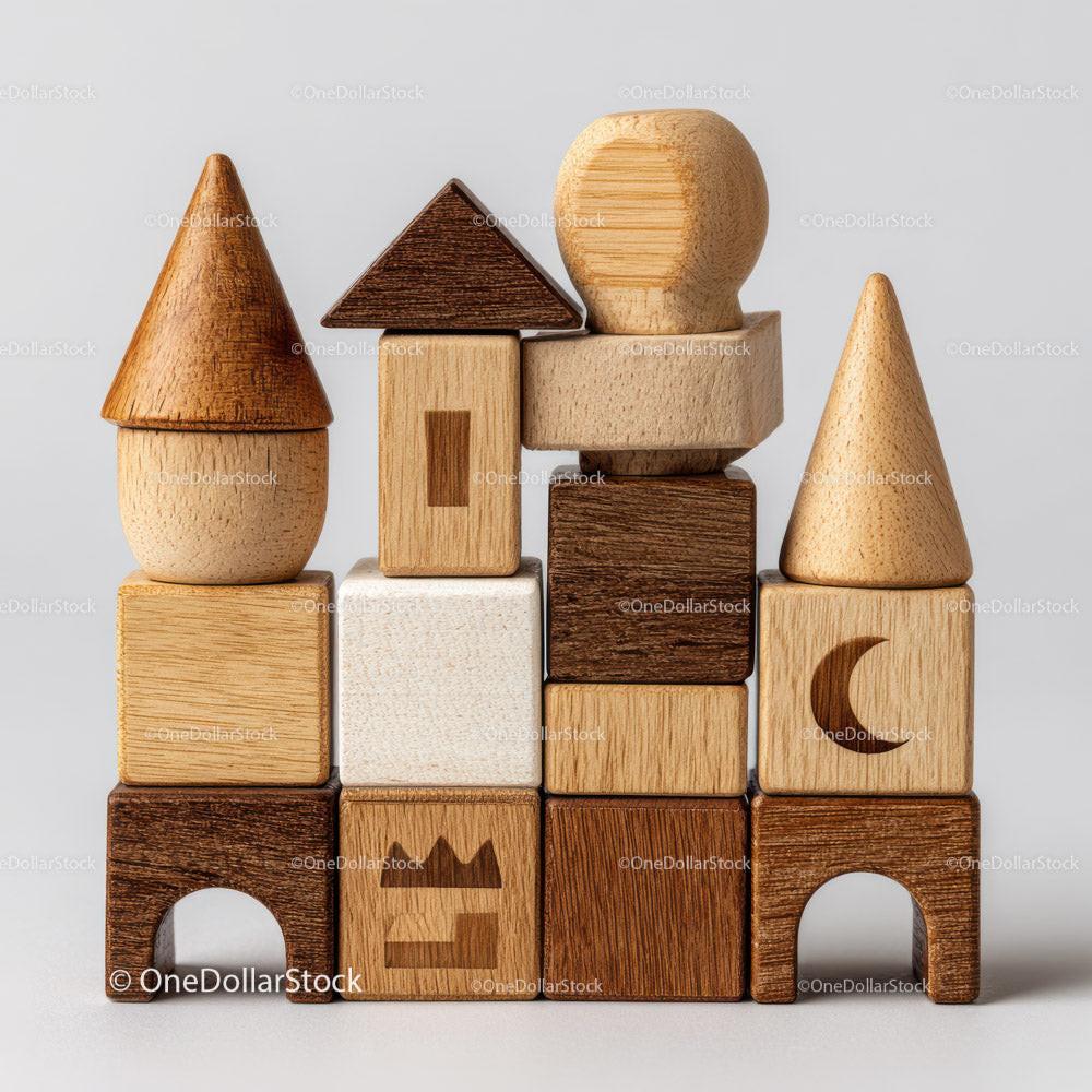 Stack of wooden geometric toy blocks with cones, cubes, and triangle shapes on white background