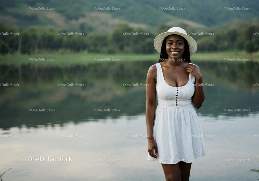 Young Woman in White Dress and Hat by Lake in Summer Scene