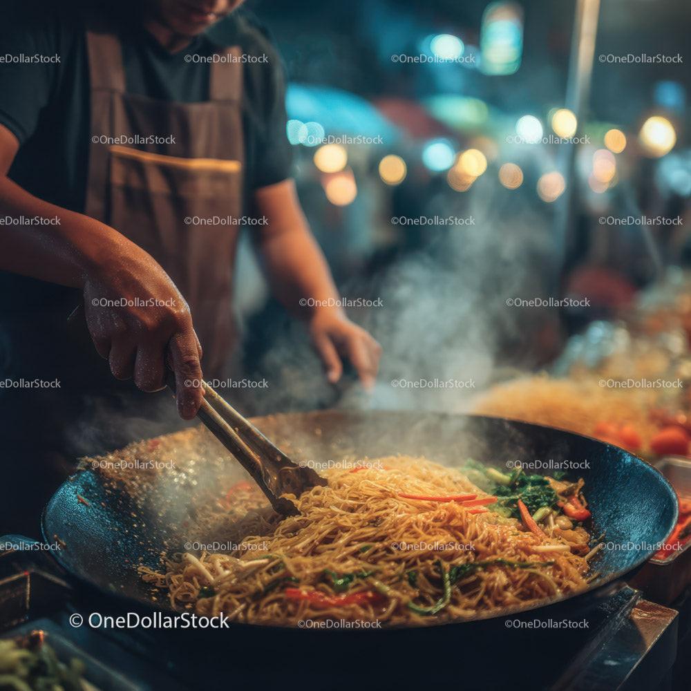 Stir-Frying Noodles in a Vibrant Night Street Food Market