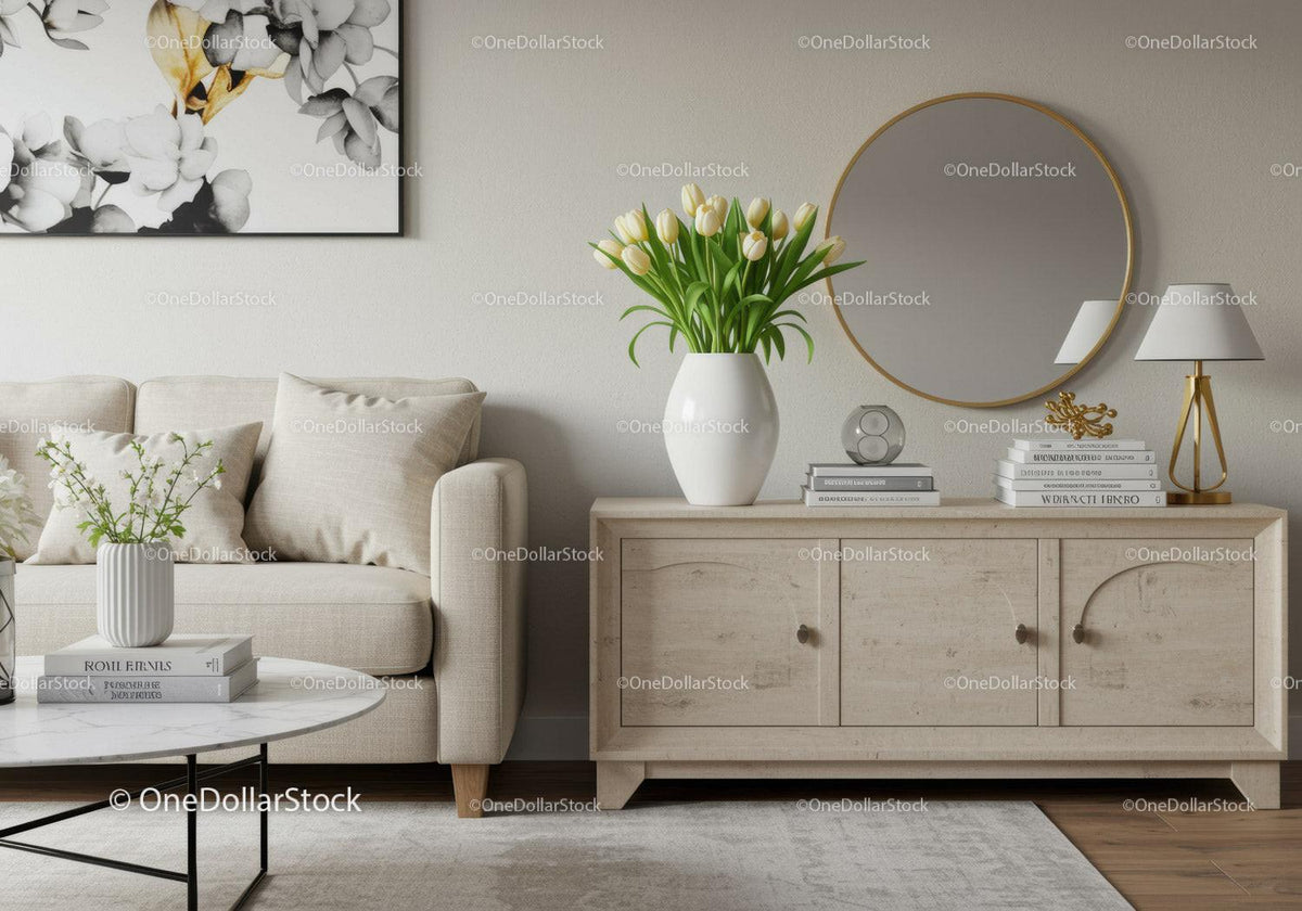 Elegant Living Room Decor with White Tulips and Wooden Sideboard
