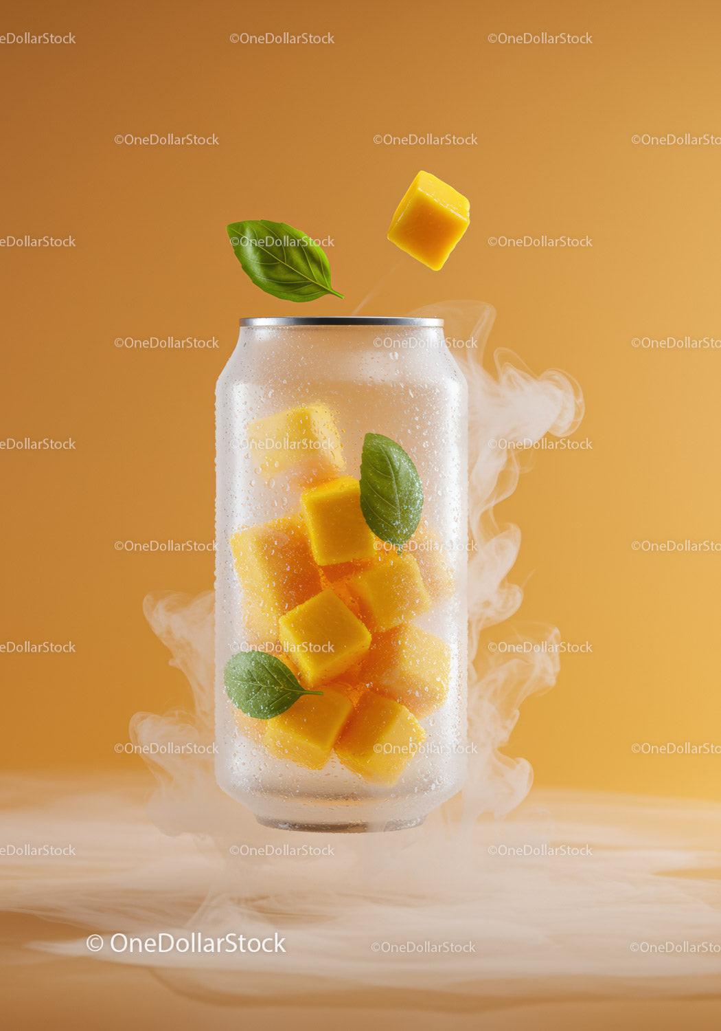Refreshing Mango Cubes and Basil Leaves in Frosted Can