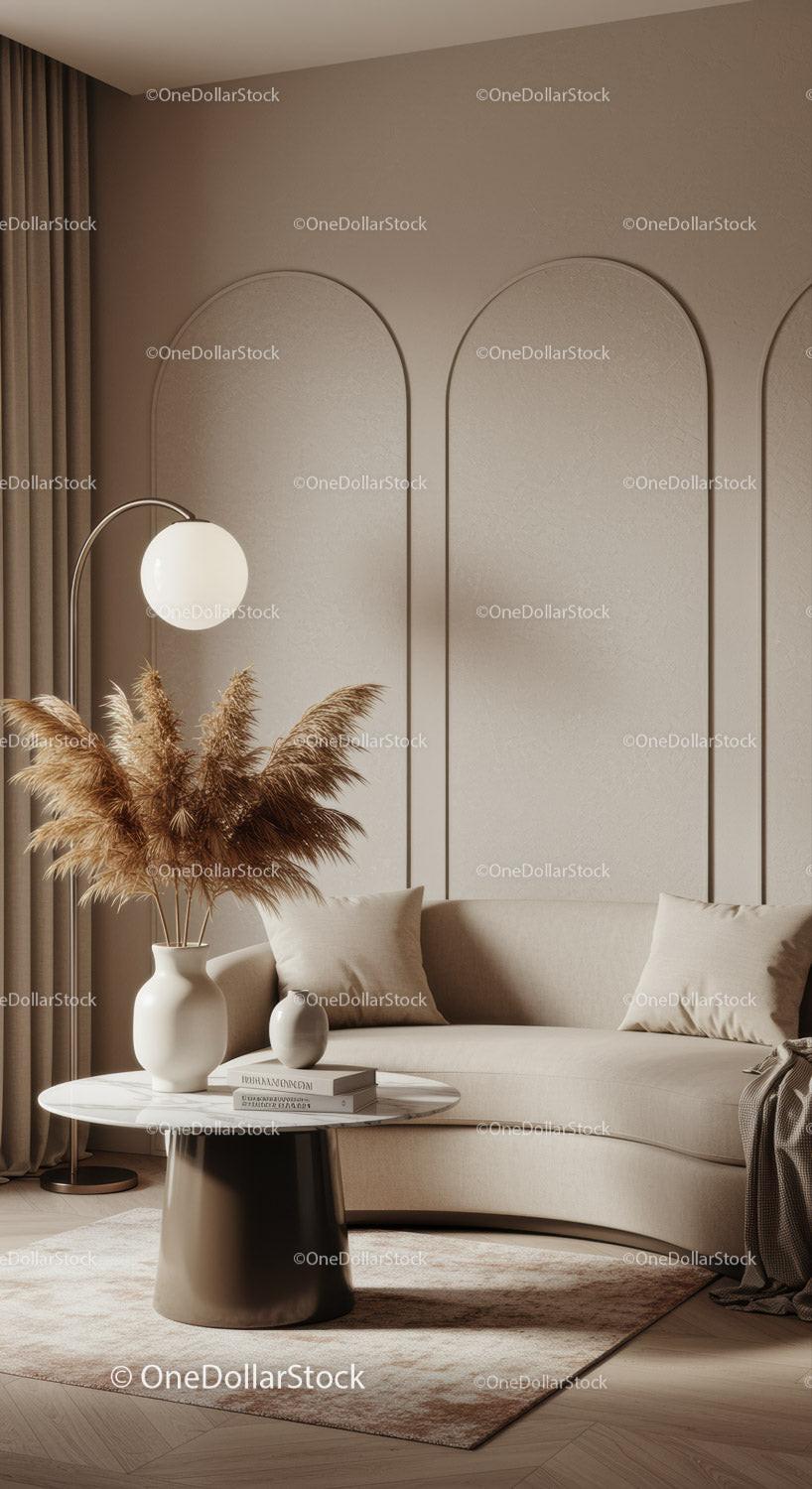 Modern cozy living room with curved sofa and pampas grass