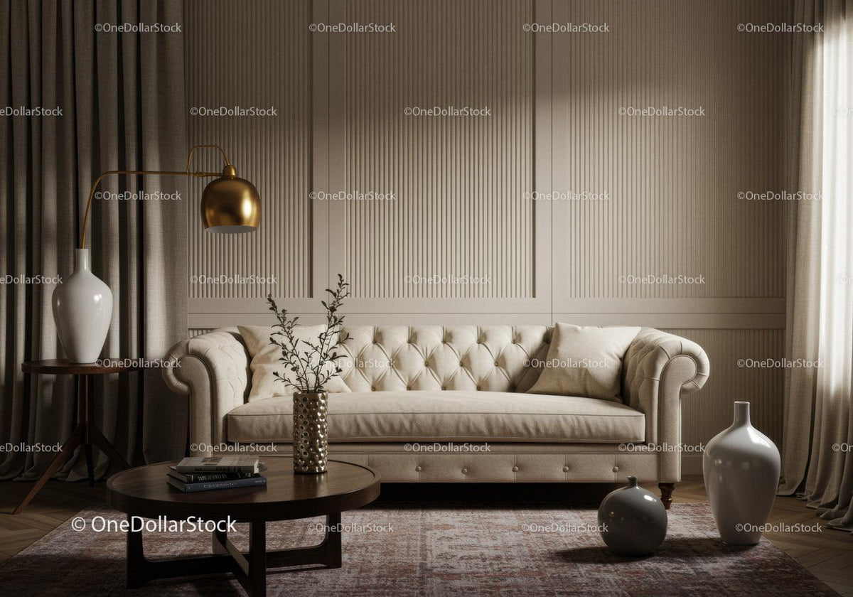 Cozy beige living room with tufted sofa and warm lighting