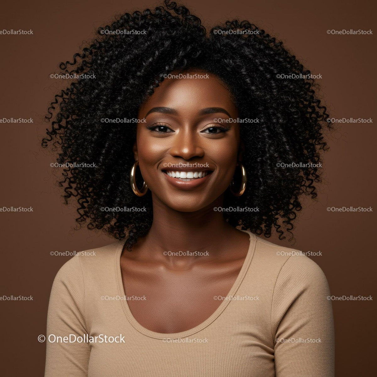 Smiling African American Woman with Curly Hair Wearing Beige Top