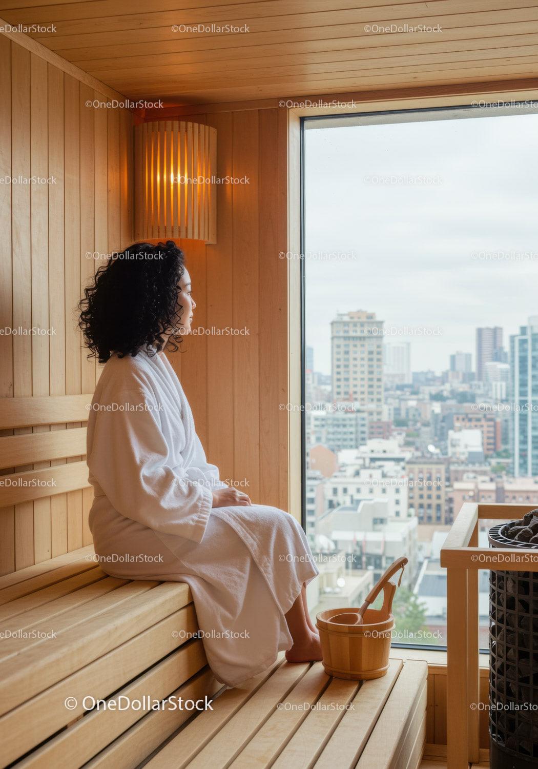 Woman Relaxing in Sauna with City View in Cozy Wooden Spa Room