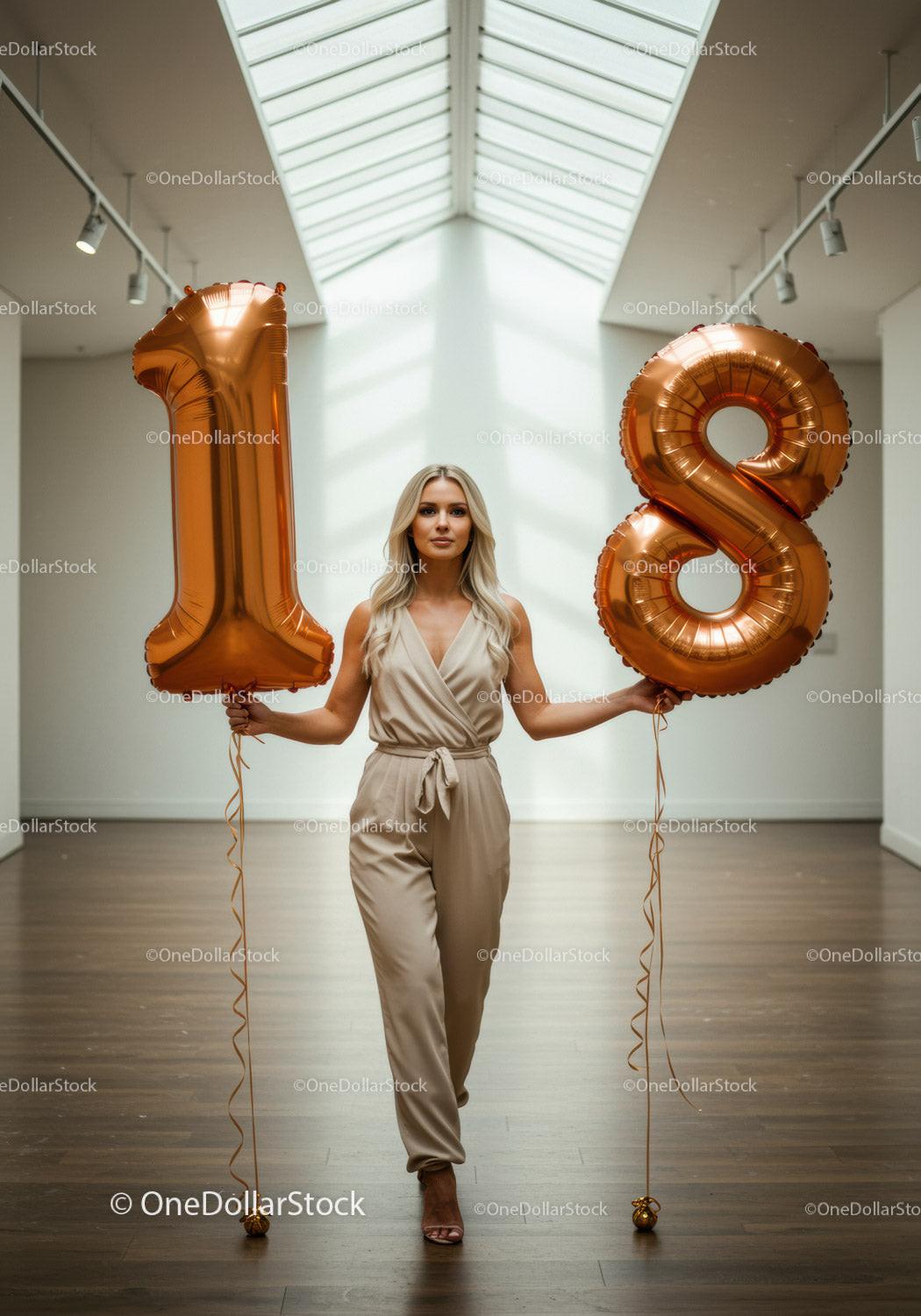 Elegant woman holding large number 18 balloons indoors