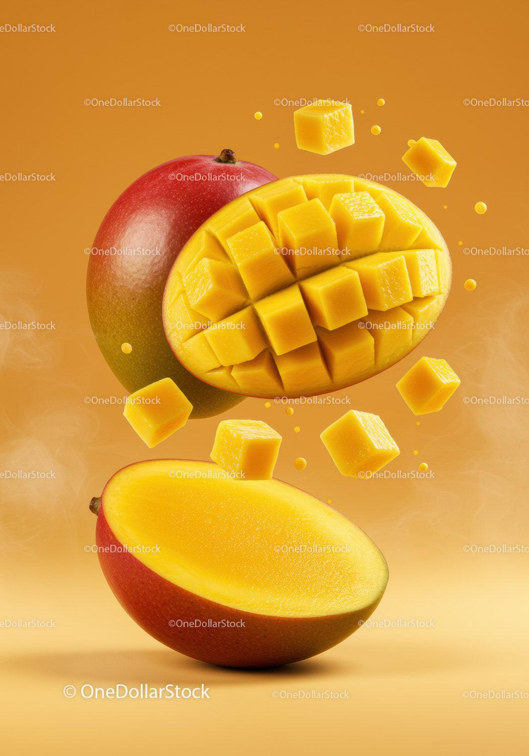 Fresh ripe mango with diced cubes floating above
