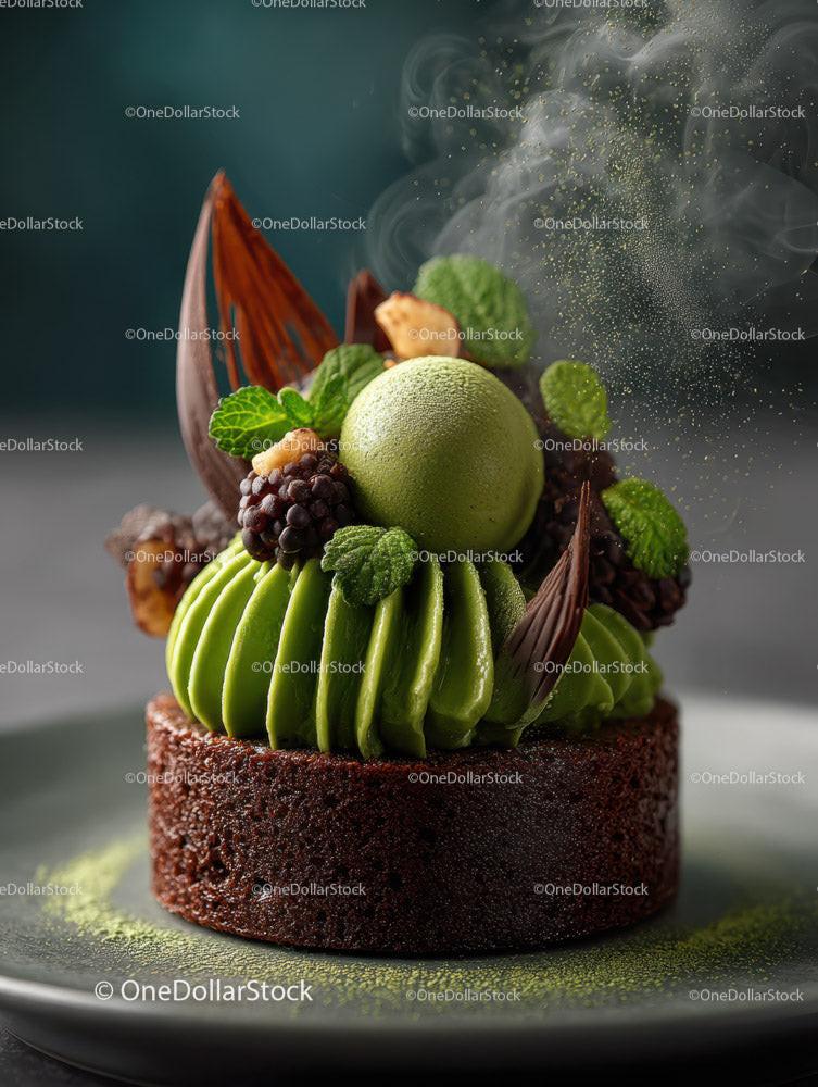 Green Matcha Cake with Chocolate Base and Artistic Garnish Stock Photo Bundle preview 7