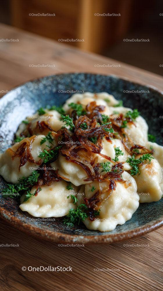 Japanese Gyoza Dumplings with Crispy Edges and Green Garnish Stock Photo Bundle preview 9