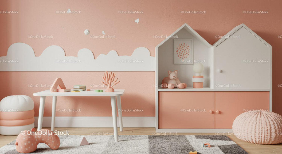 Cute Children's Room with Pink Wall and White Furniture for Kids