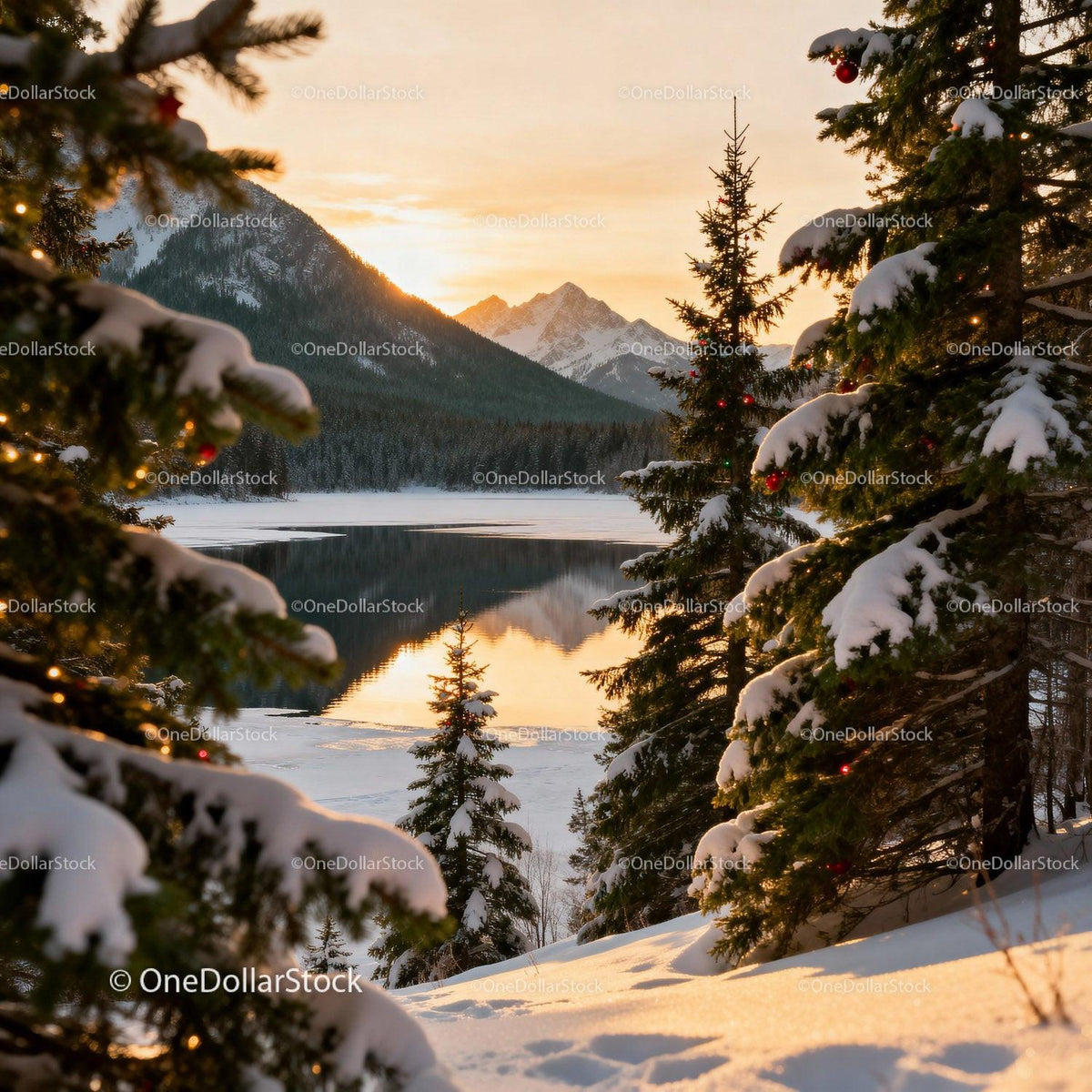 Snow-Covered Pine Trees with Christmas Decorations by Lake