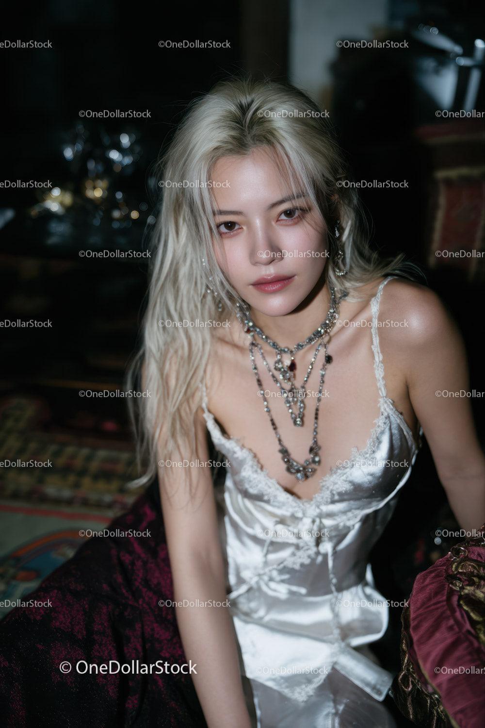 Elegant young woman in white satin dress with layered jewelry