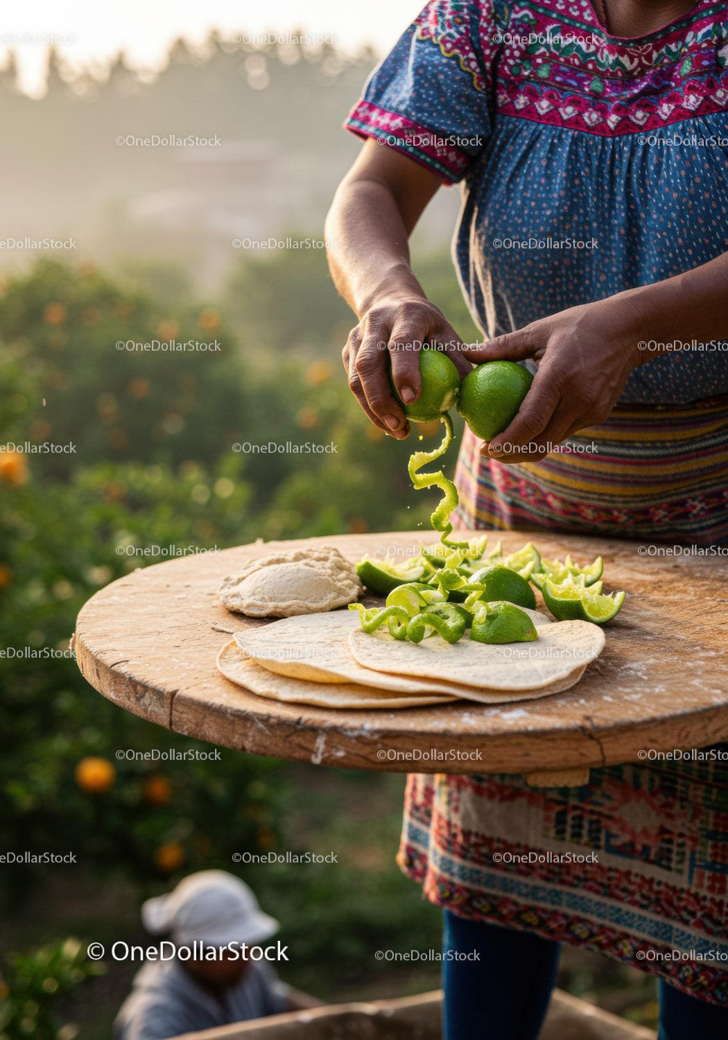 Hand Peeling Fresh Limes Over Homemade Tortillas