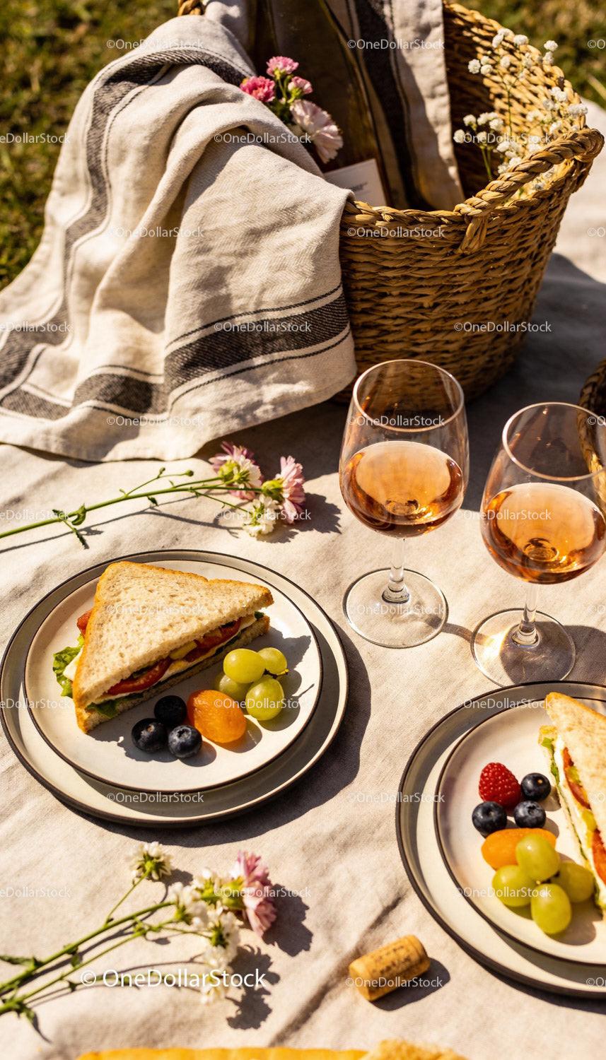 Casual Outdoor Picnic with Sandwiches and Rosé Wine