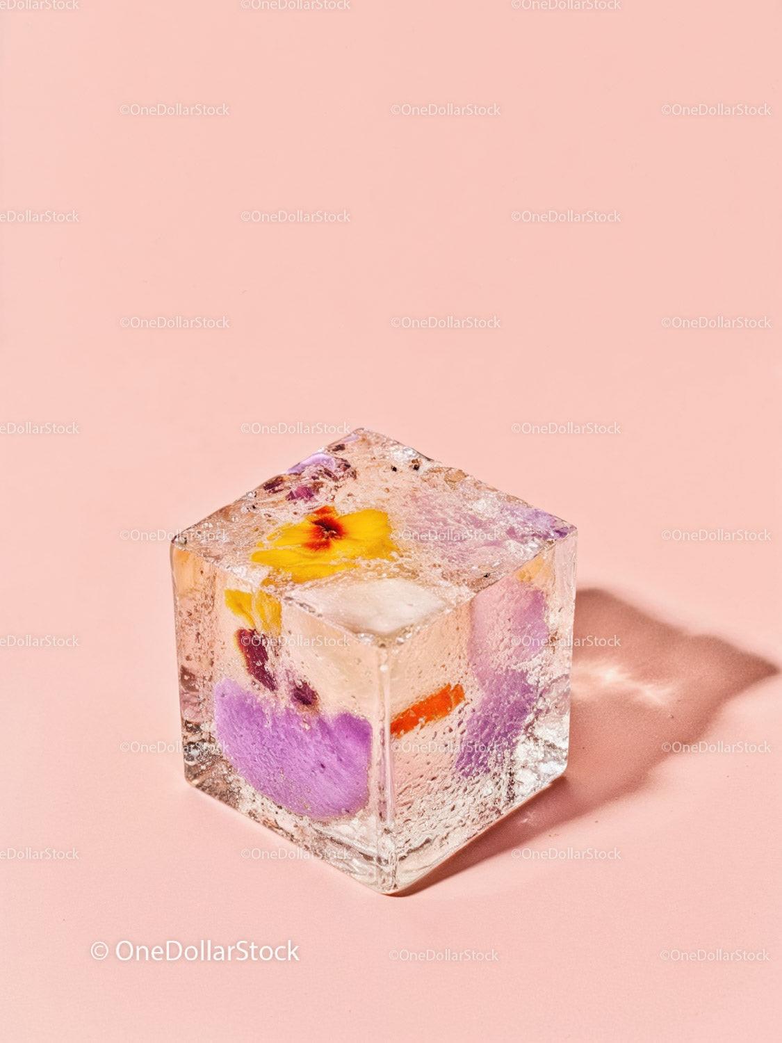 Colorful flower petals frozen in clear ice cube