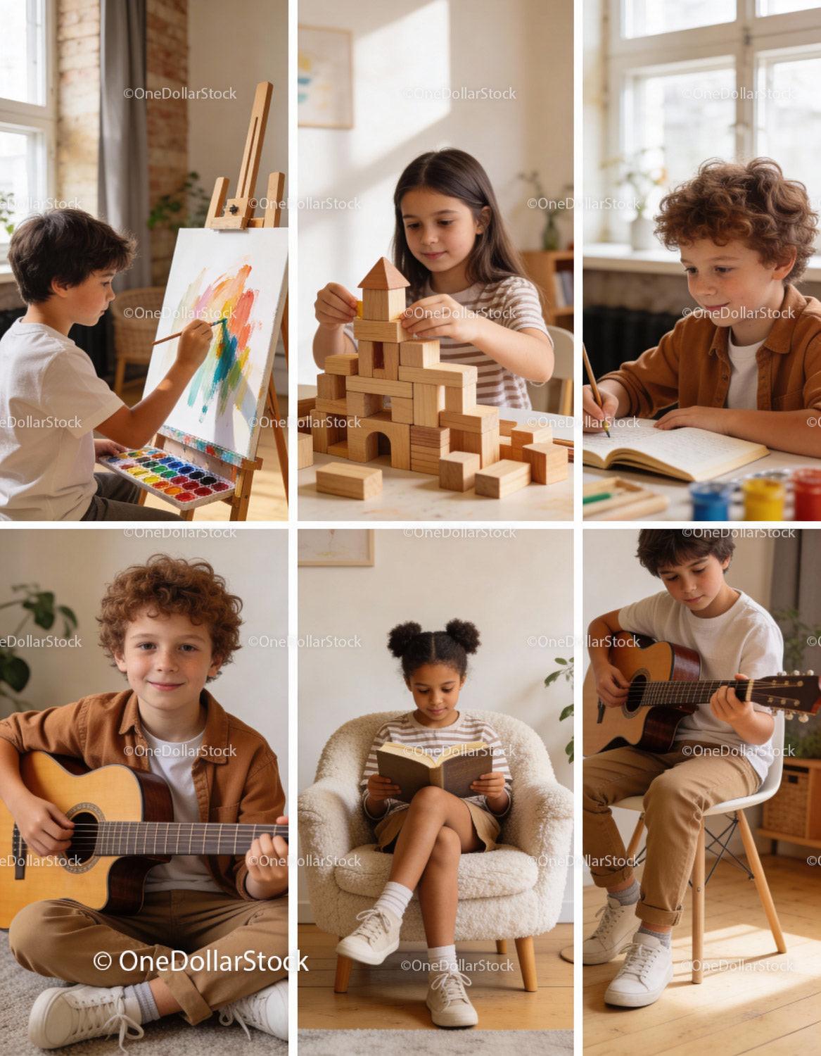 Children enjoying creative hobbies at home in natural light