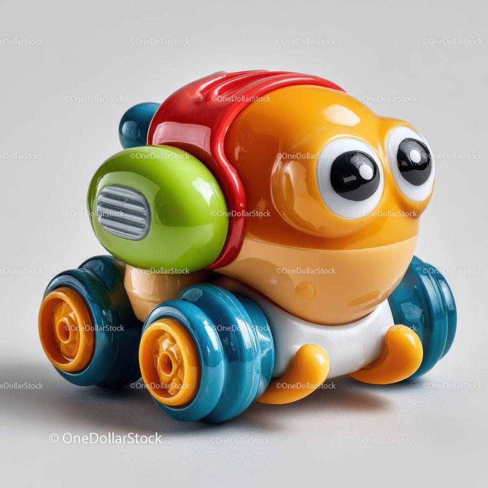 Bright orange plastic toy car with big eyes and multicolored wheels on white background