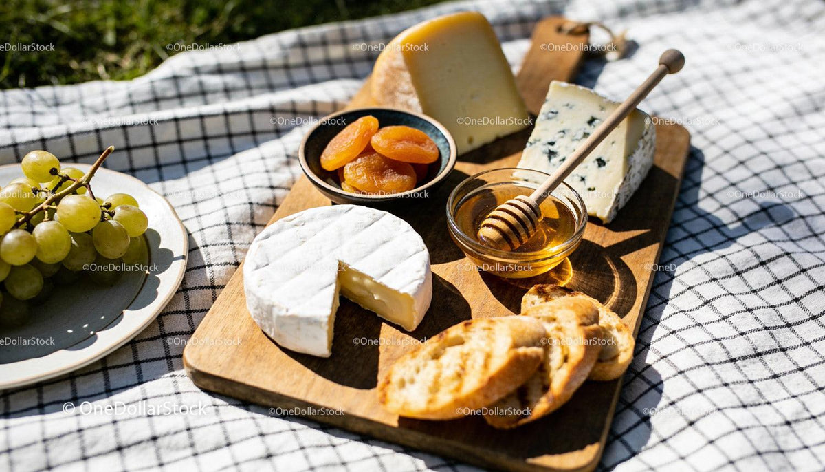 Cheese Platter with Honey, Apricots and Grapes Outdoors