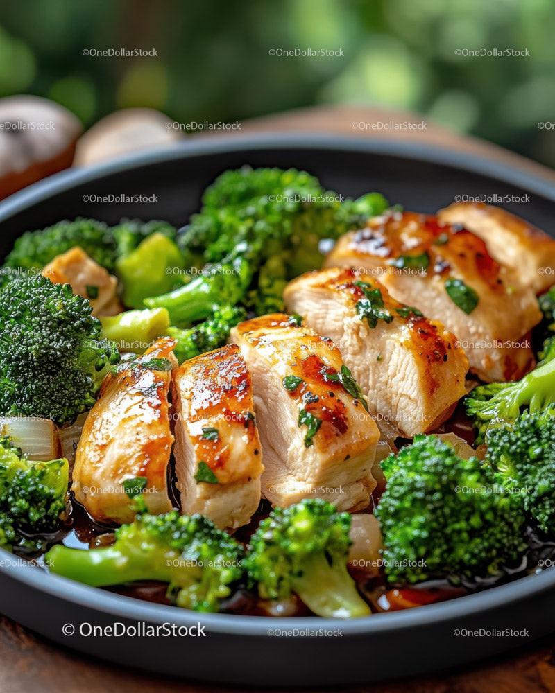 Grilled Chicken Breast with Fresh Broccoli Florets in a Black Dish Stock Photo Bundle preview