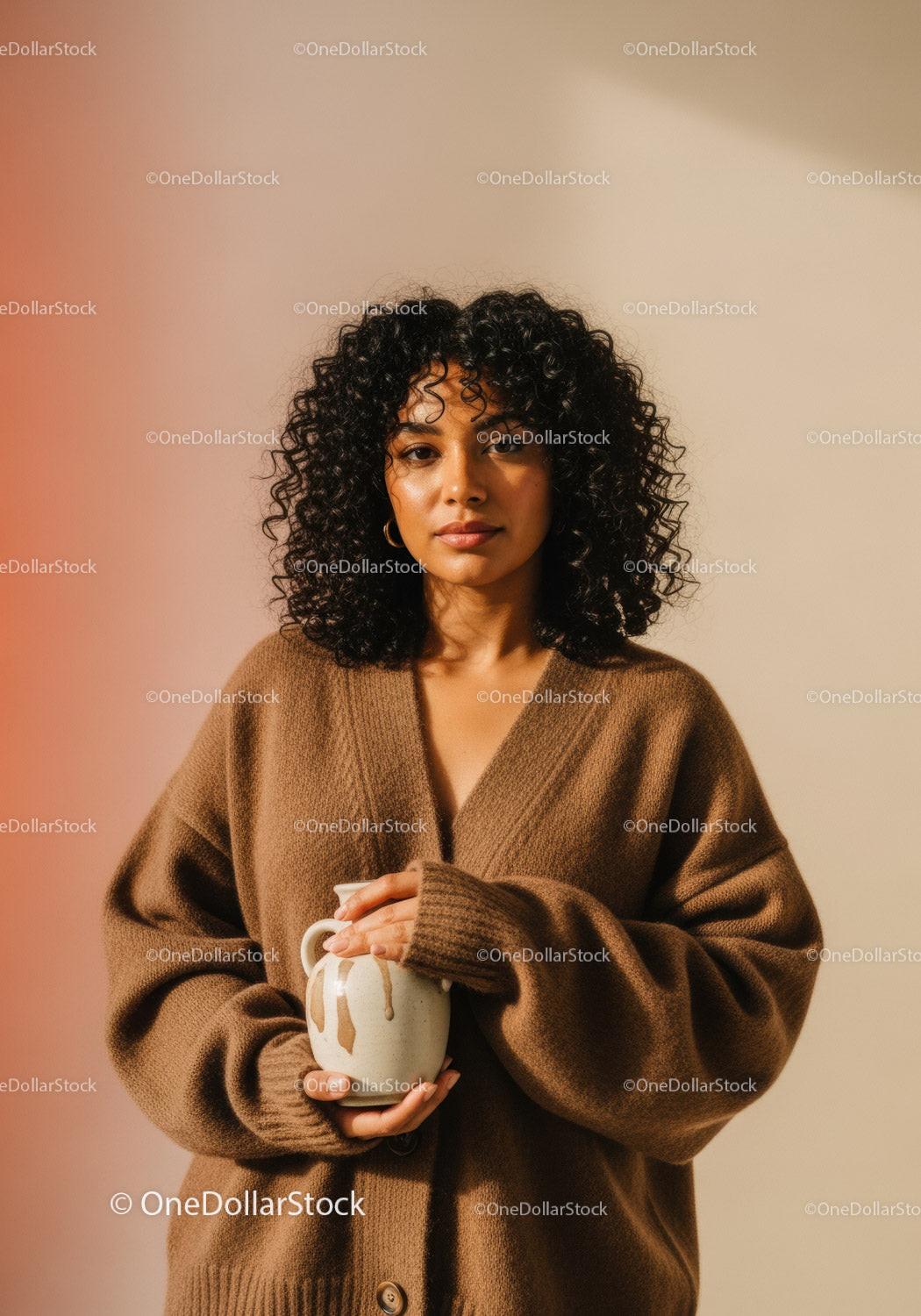 Portrait of a Woman with Curly Hair Holding a Mug in Cozy Sweater