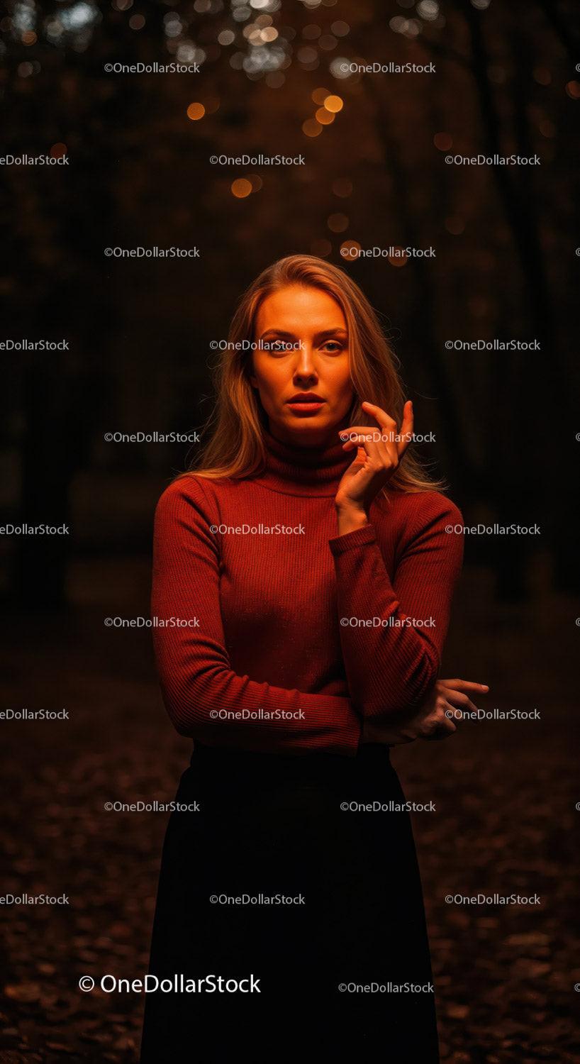 Thoughtful woman standing in warm autumn forest light