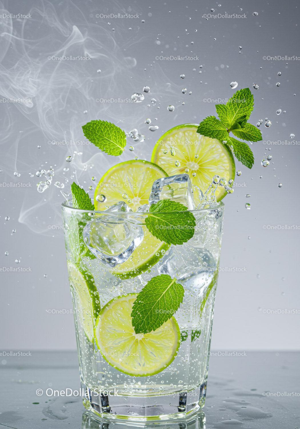 Refreshing lime and mint sparkling water with ice cubes