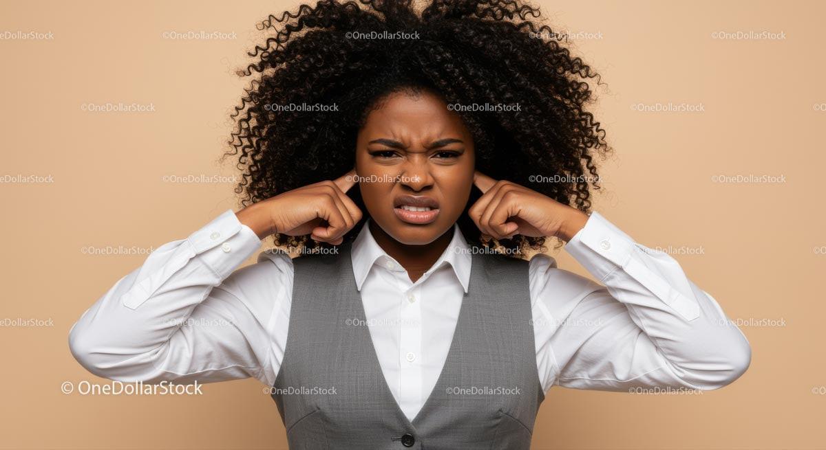 Frustrated Woman Covers Ears Against Noise in Business Attire Stock Photo Bundle preview 46