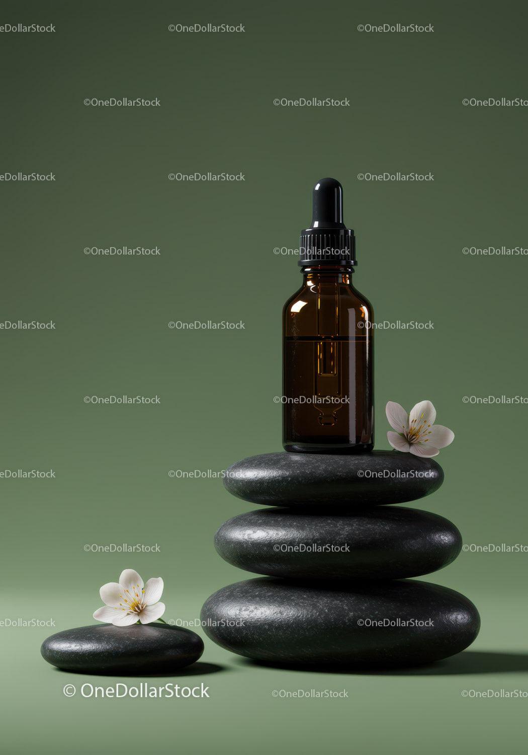 Amber Glass Dropper Bottle with Flowers and Stones for Wellness JPG Mockup Image preview