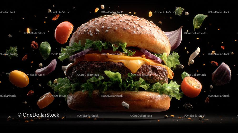 stock photo bundle made with Juicy Gourmet Burger with Fresh Vegetables on Dark Background Stock Photo Bundle
