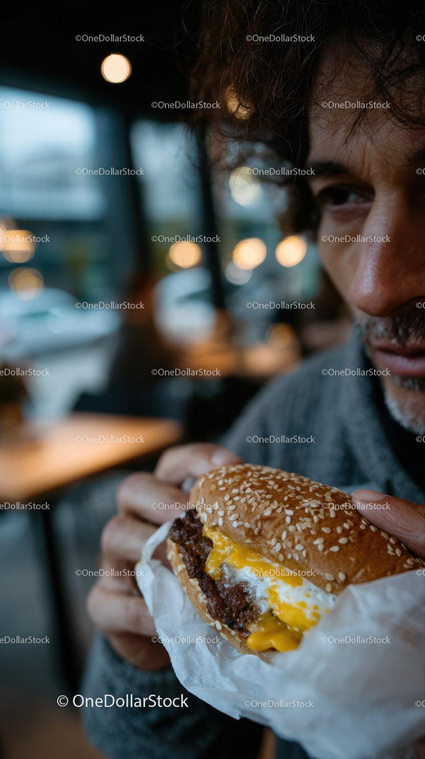 Close-Up of Man Enjoying Cheeseburger in Urban Street Café