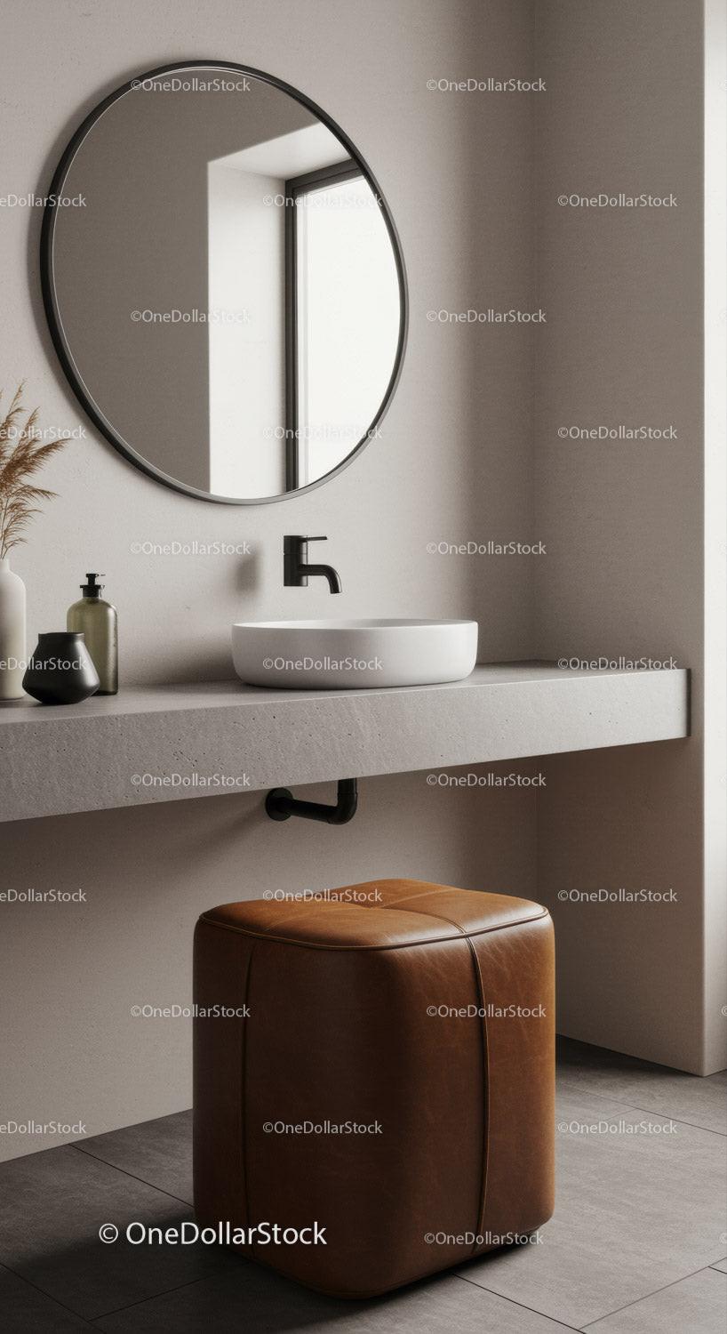 Minimalist Modern Bathroom with Concrete Sink and Circular Mirror