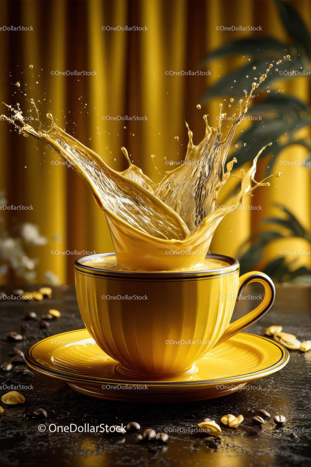 Vibrant Coffee Splash in Yellow Ceramic Cup with Beans