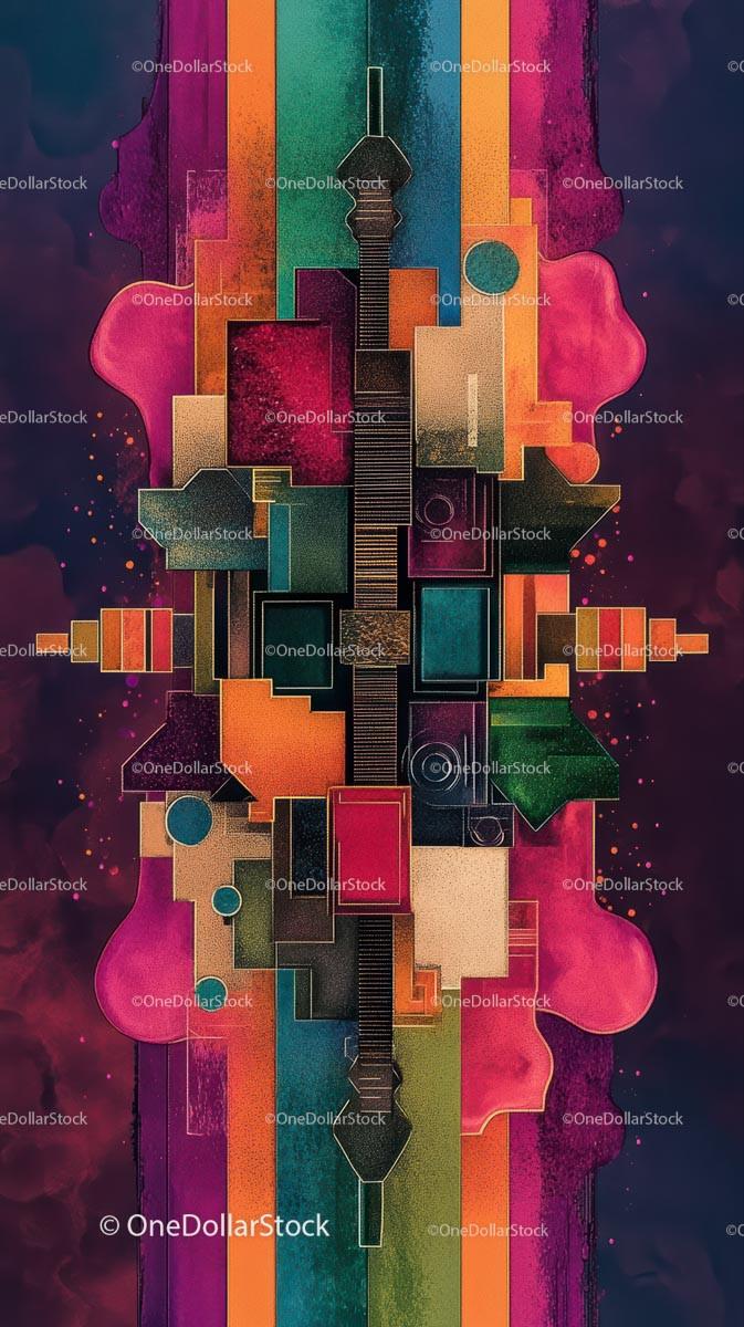 Colorful Geometric Tower Abstract Digital Artwork with Vibrant Design