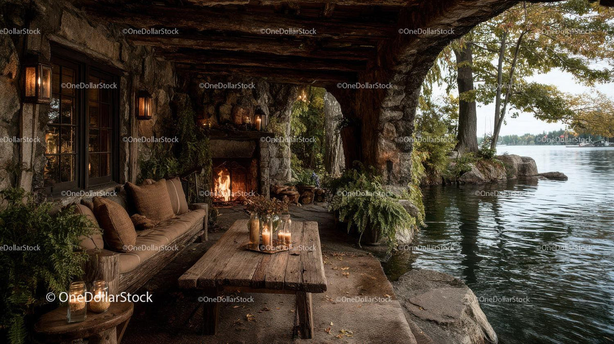 Rustic Riverside Cabin with Stone Fireplace Surrounded by Autumn Foliage Stock Photo Bundle preview 9