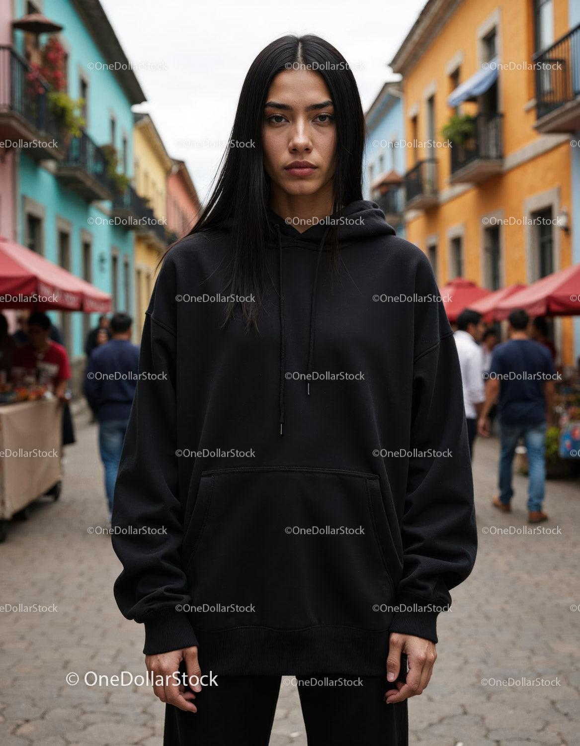Fashionable Woman Wearing Black Hoodie in Urban City Street Stock Photo Bundle preview 20