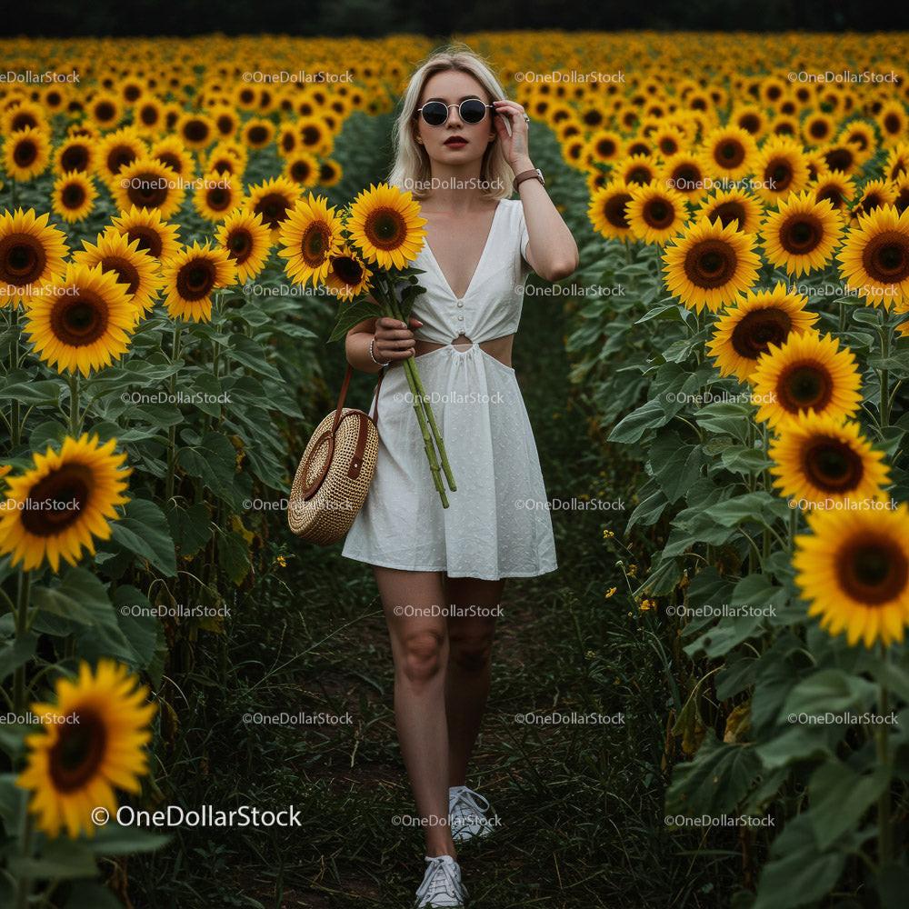 Woman in a Beautiful Sunflower Field Enjoying Summer Bliss Stock Photo Bundle preview 5