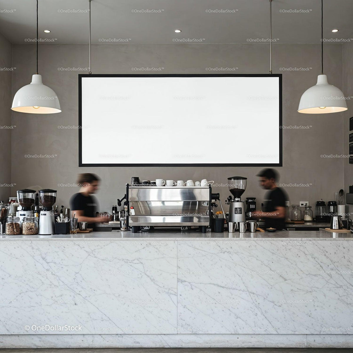 Baristas Preparing Coffee Behind Modern Marble Counter JPG Mockup Image preview