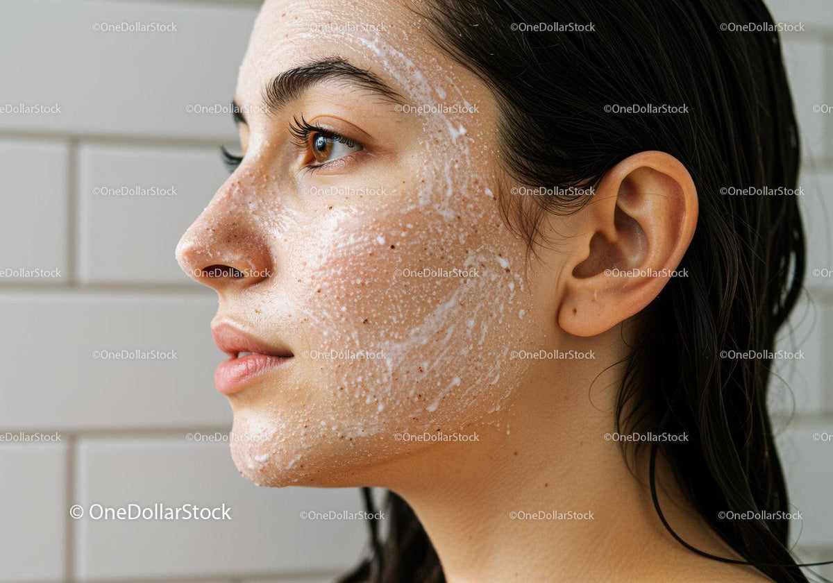 Young woman cleansing face with foam cleanser