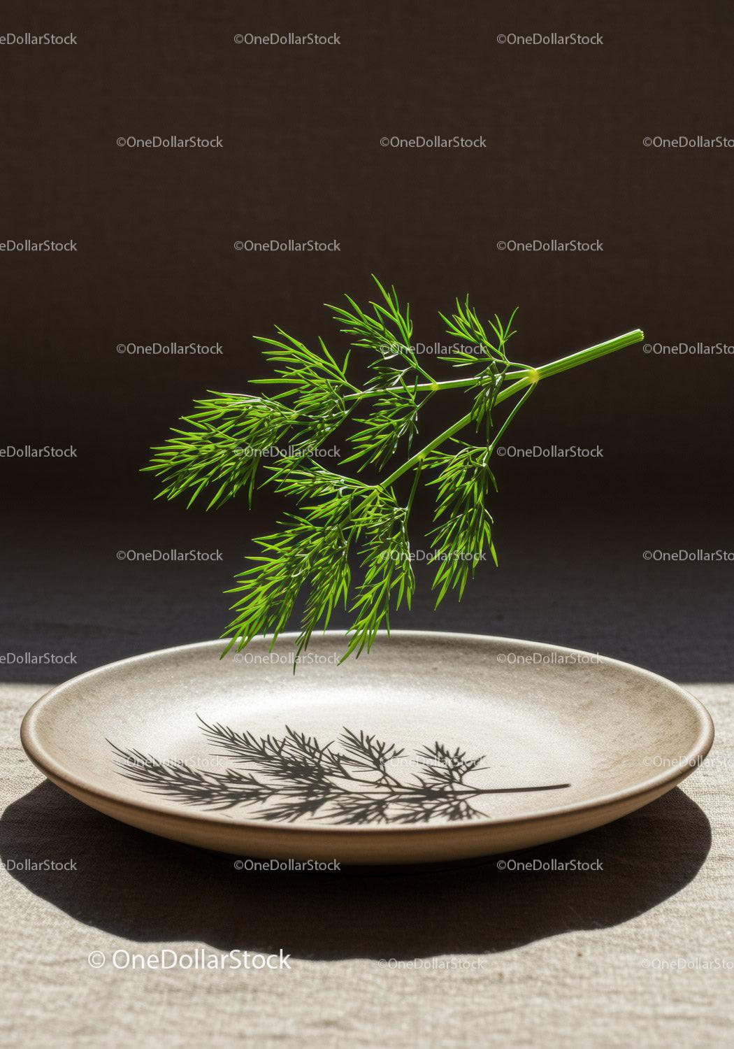 Fresh dill sprig casting shadow on beige plate